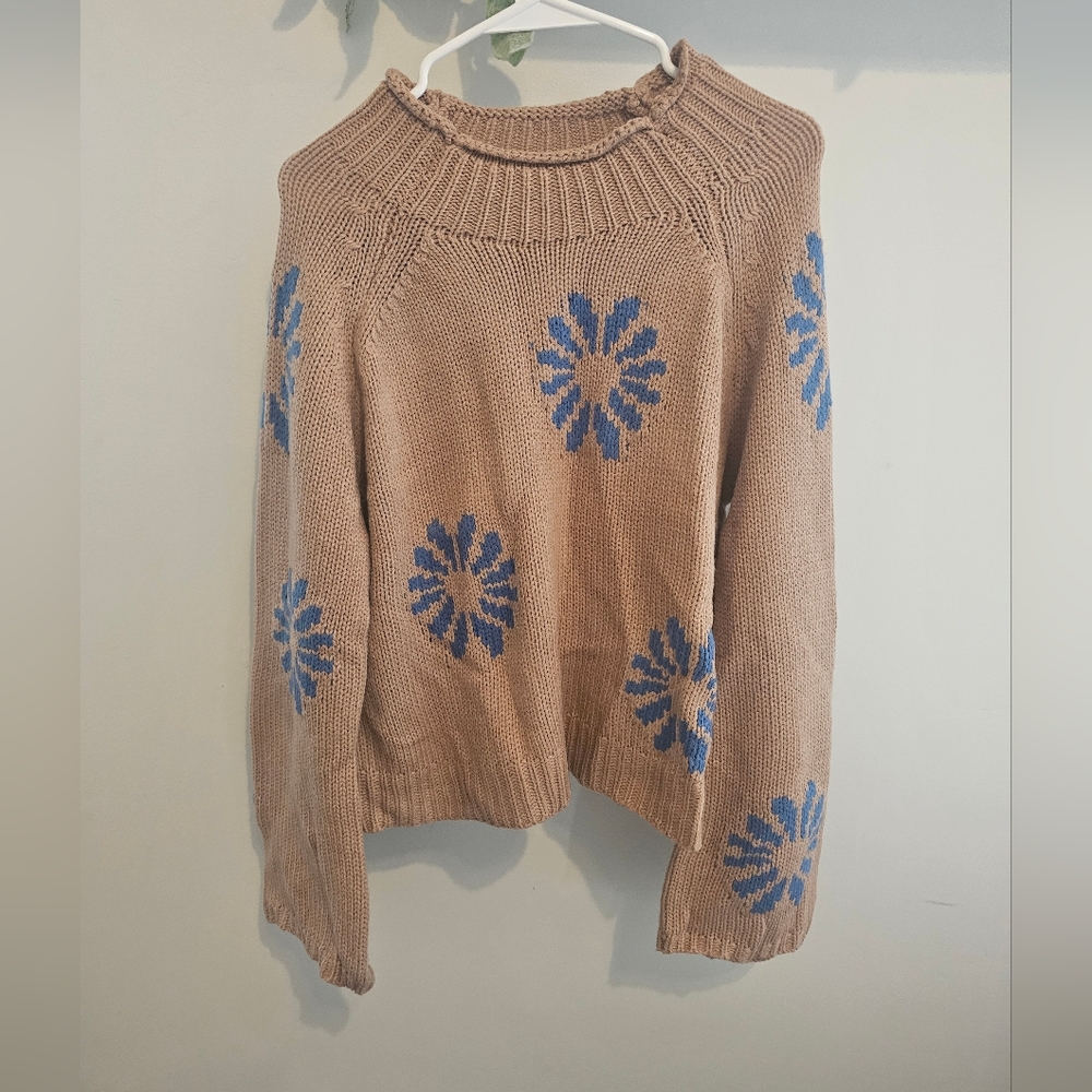 Beige Floral Knit Sweater with Blue Flower Motif